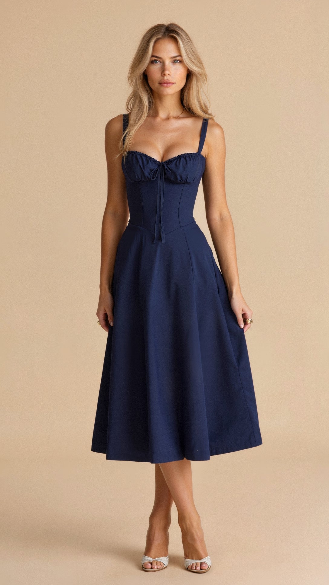 A woman wearing a midi dress with a fitted bodice and a flowing skirt, suitable for a wedding. The dress features a corset-style top and 11