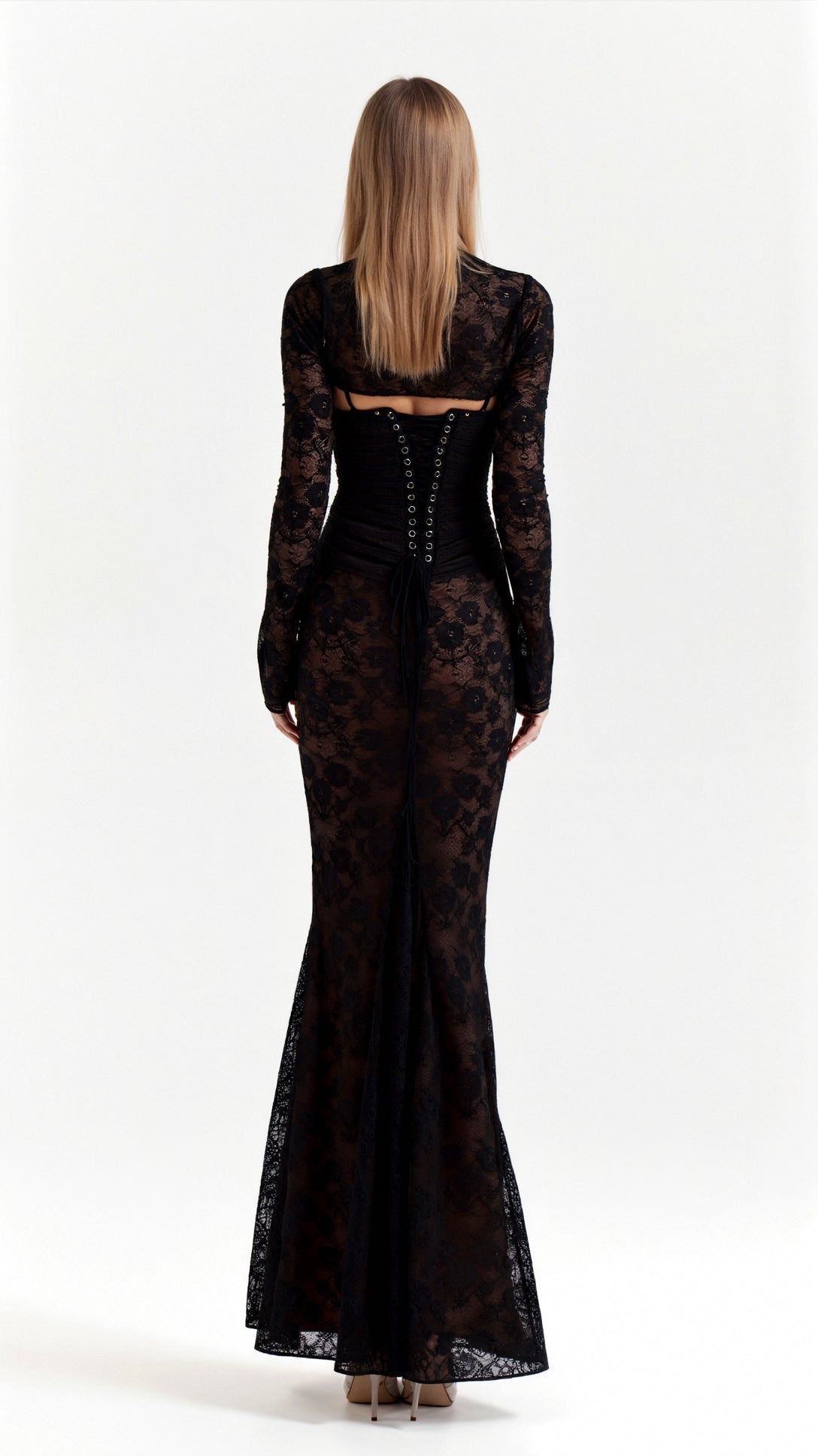 A long, floral-patterned dress with a corset-style bodice, designed for formal events such as weddings. The dress features lace details and a 4