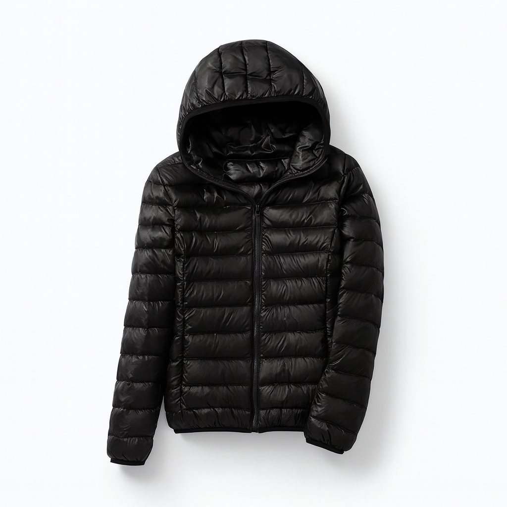 Women's puffer jacket with a hood, designed for cold weather, featuring a zip closure and side pockets. 18