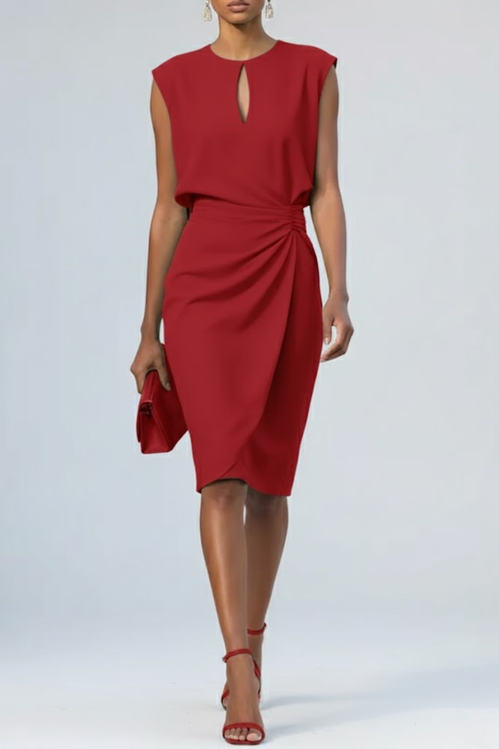 Midi dress featuring a keyhole neckline and ruffles, suitable for weddings and summer days. 5