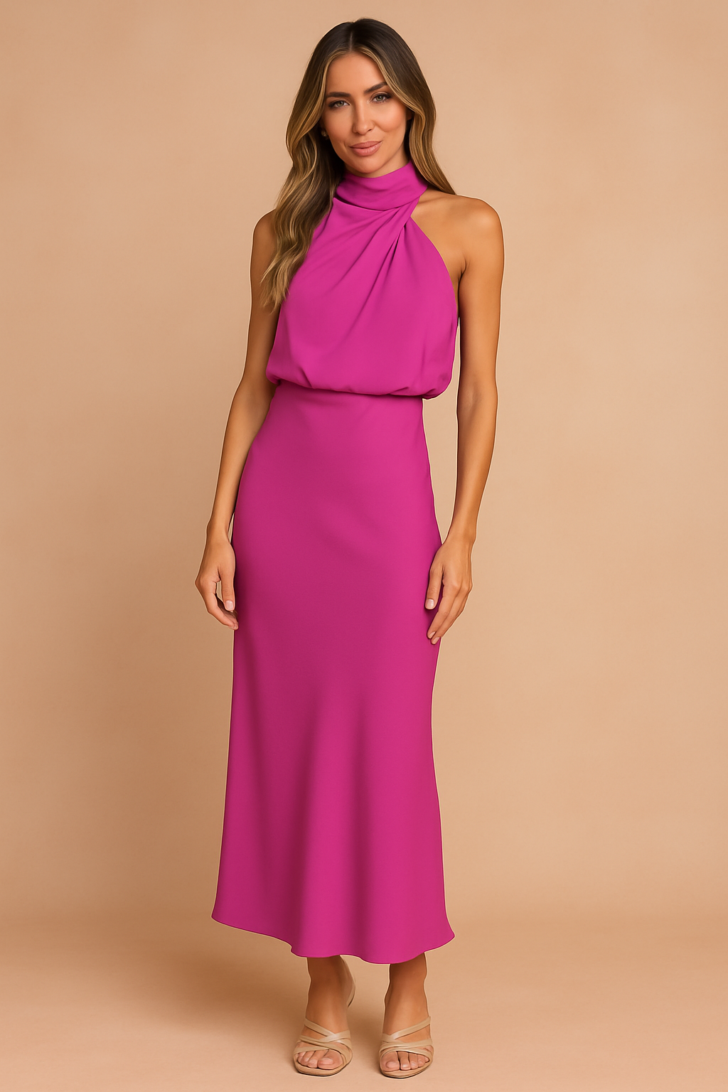 Dressed mannequin displaying a midi dress with draping, suitable for weddings and formal events. 5