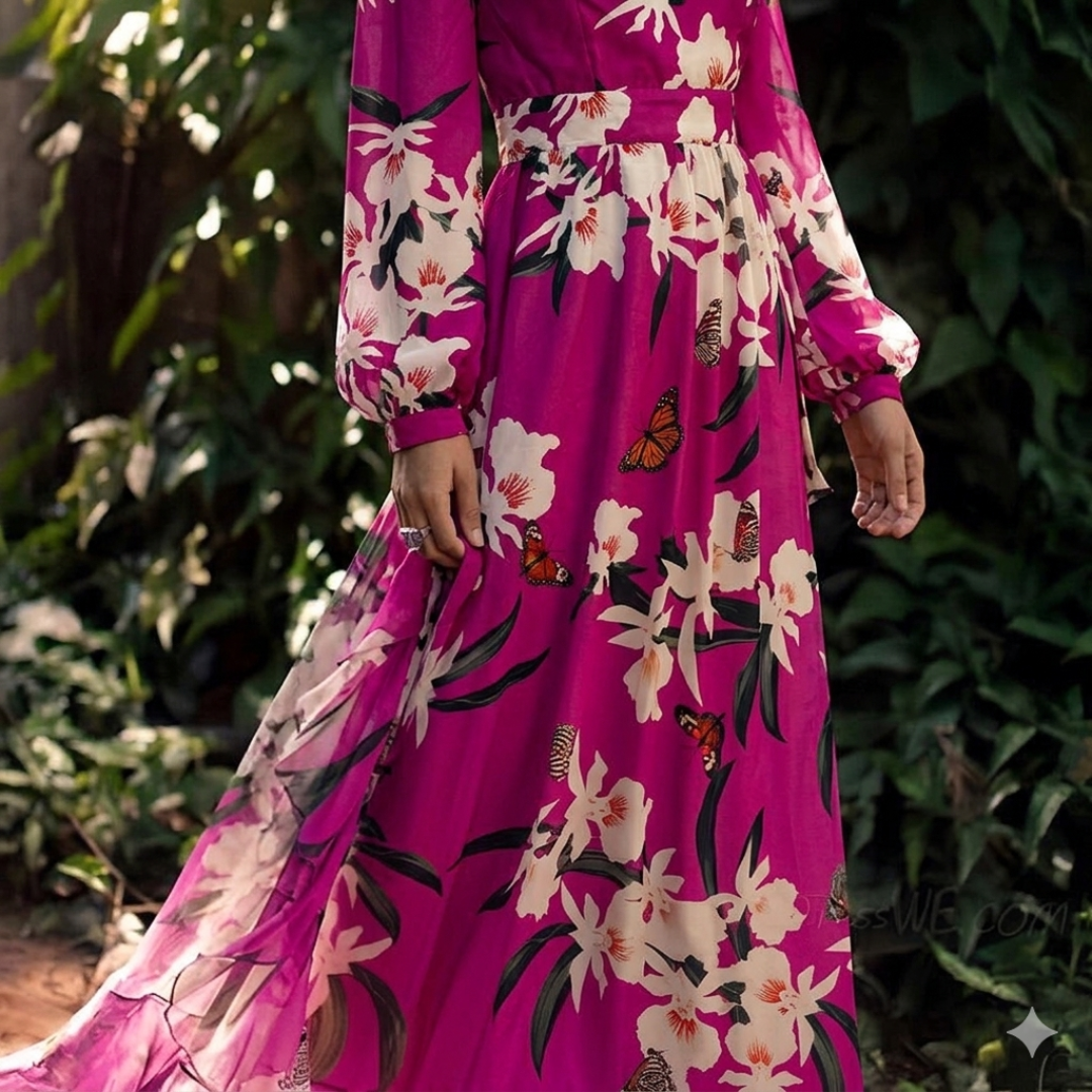 A women's dress featuring a floral pattern and a flowing silhouette, designed with short sleeves and a knee-length cut. 3