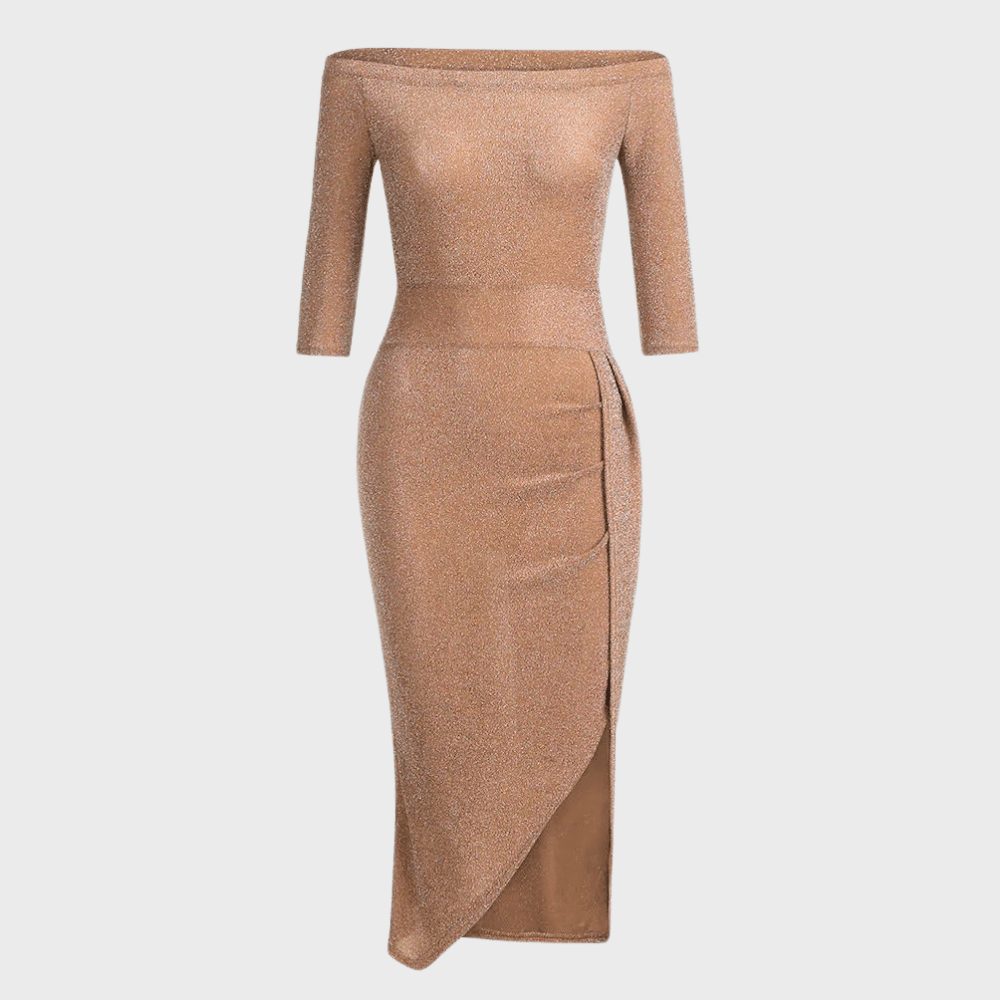 A woman wearing a sleeveless evening dress with off-the-shoulder design and a thigh-high slit, standing in a neutral setting. 7