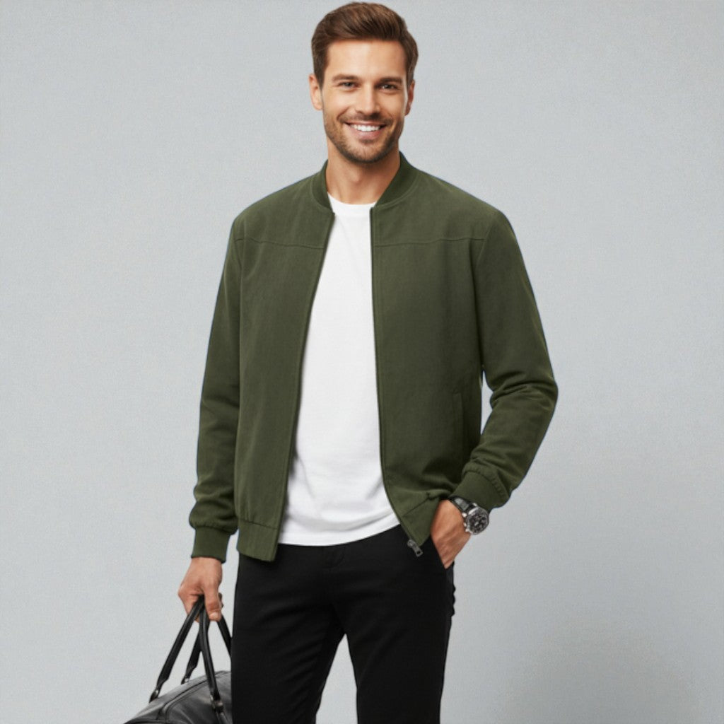 Men's bomber jacket with a minimal tech design, featuring a collarless style and regular fit. 4