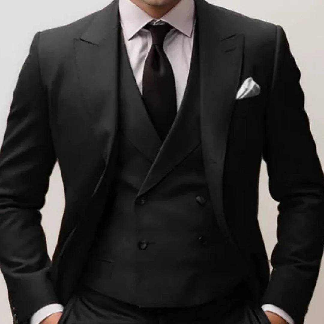 Męski trzyczęściowy garnitur slim fit z dwurzędową kamizelką w klasycznym czarnym kolorze, 5