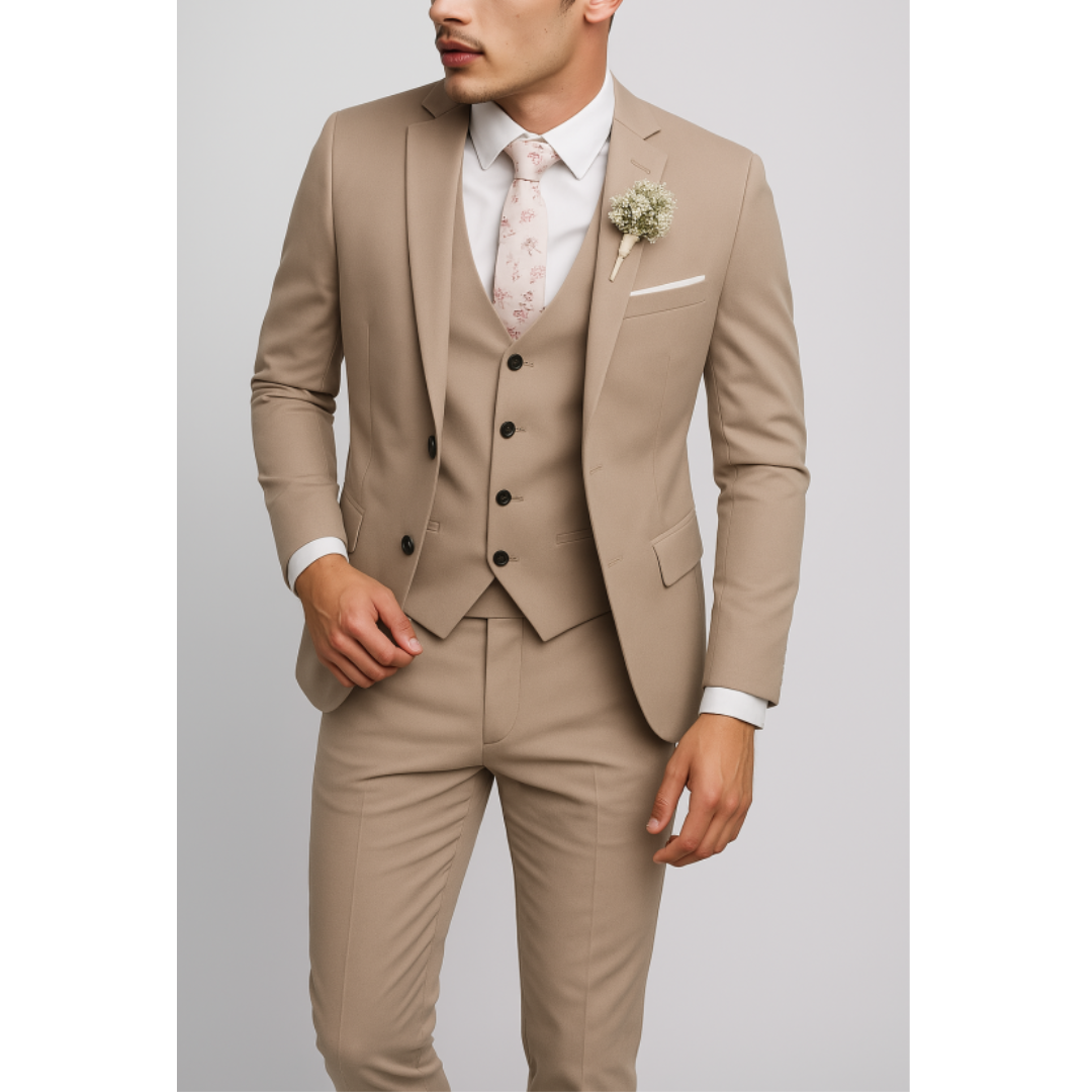 Męski trzyczęściowy garnitur ślubny slim fit z dopasowaną marynarką, prezentujący elegancki 9