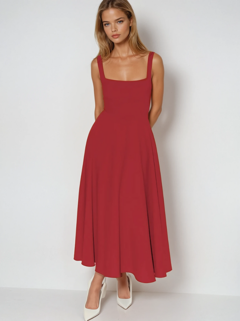 Midi dress featuring a square neckline and wide straps, designed for elegant occasions. The dress has a fitted bodice and a flowing skirt that falls to mid 10