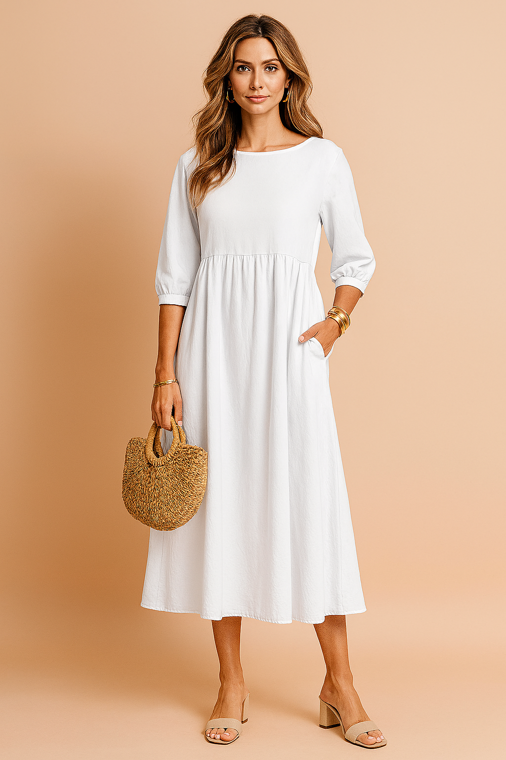 Midi dress with 3/4 sleeves and a defined waist, featuring a fitted bodice and flowing skirt. 9