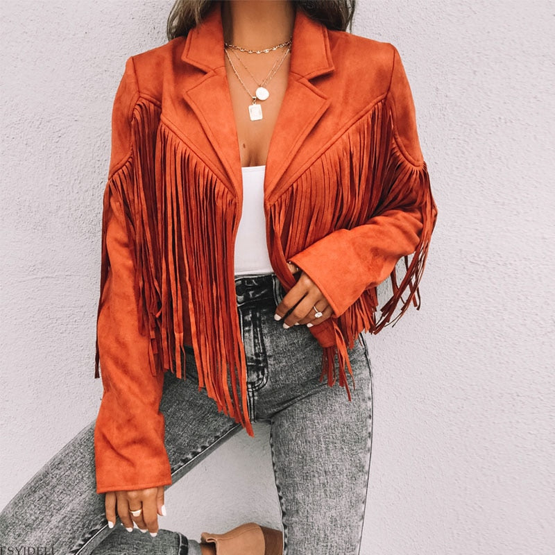 Women's short faux suede jacket featuring fringe details along the front and back, designed with a relaxed fit and open front style. 8
