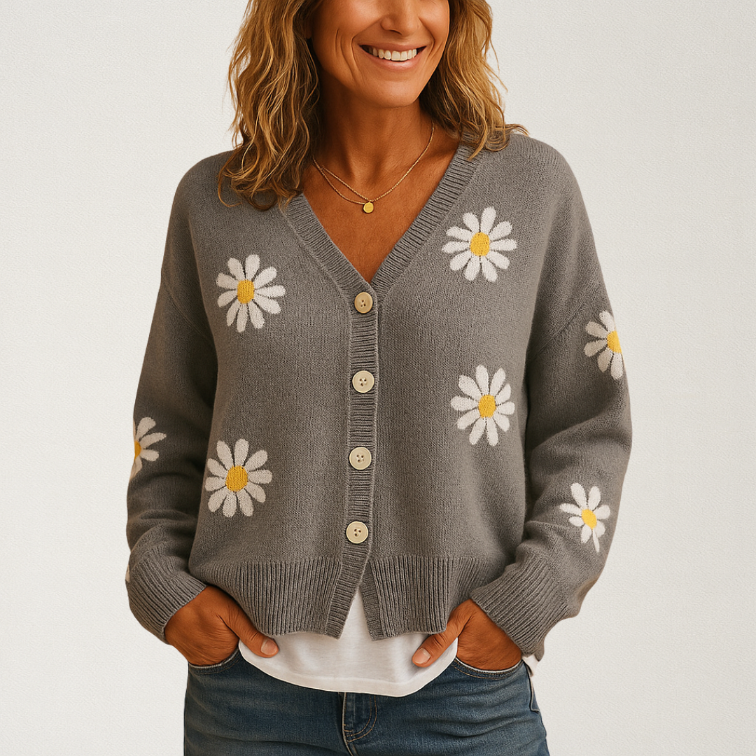 Norvavi | Dzianinowy damski sweter z kwiatowym wzorem i zapięciem na guziki