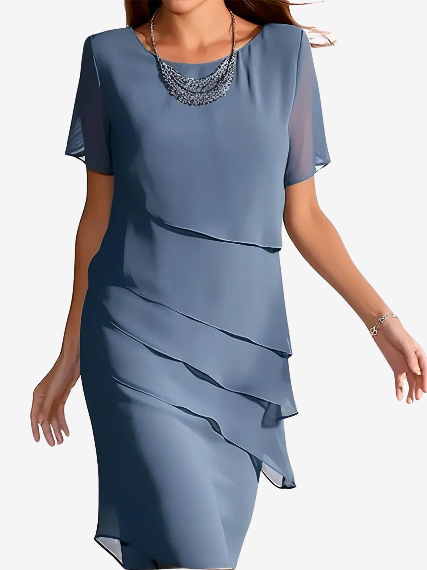 A mid-length evening dress designed for women, featuring a structured waistline and a flowing skirt. The dress has a fitted bodice and offers a sophisticated 0