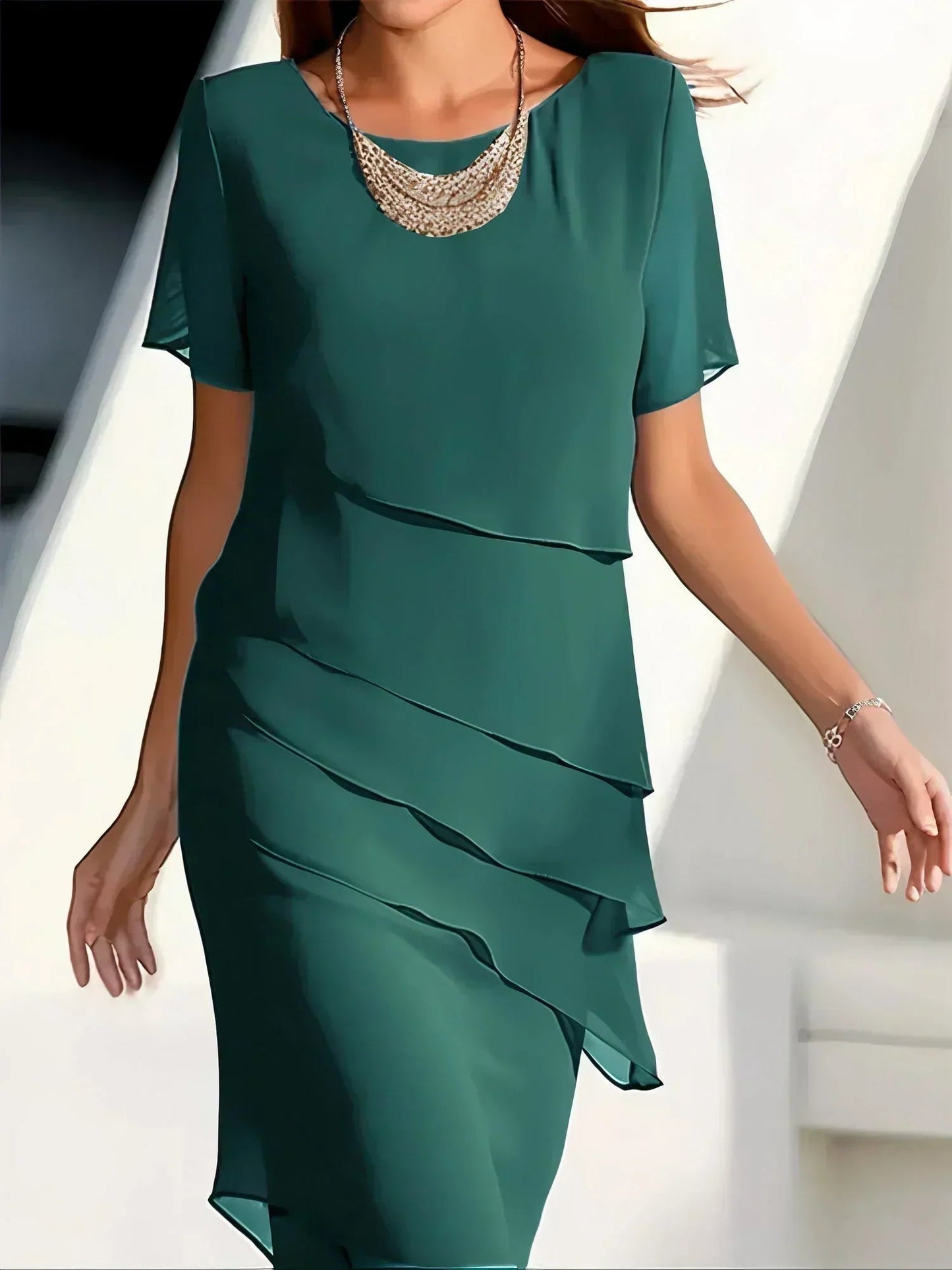 A mid-length evening dress designed for women, featuring a structured waistline and a flowing skirt. The dress has a fitted bodice and offers a sophisticated 2