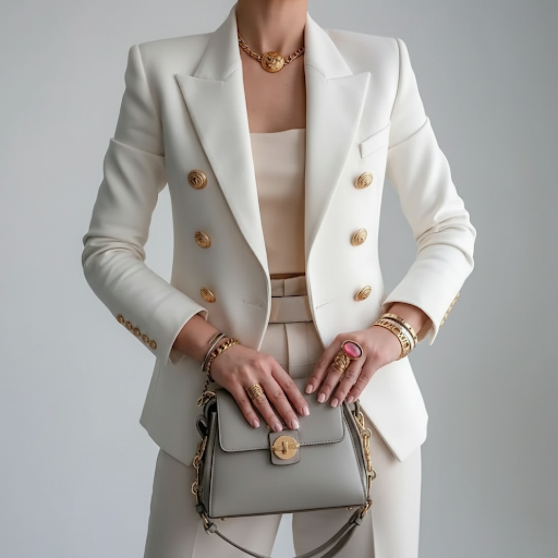 A women's black double-breasted blazer featuring gold buttons, displayed on a hanger against a neutral background. 0