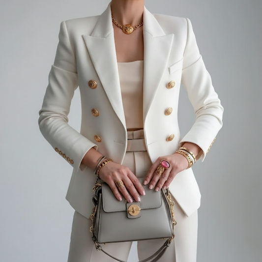 A women's black double-breasted blazer featuring gold buttons, displayed on a hanger against a neutral background. 0