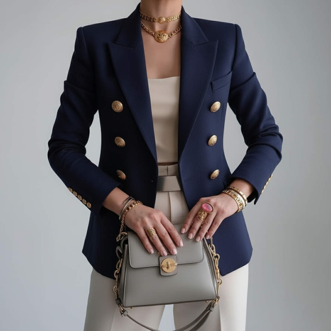 A women's black double-breasted blazer featuring gold buttons, displayed on a hanger against a neutral background. 1