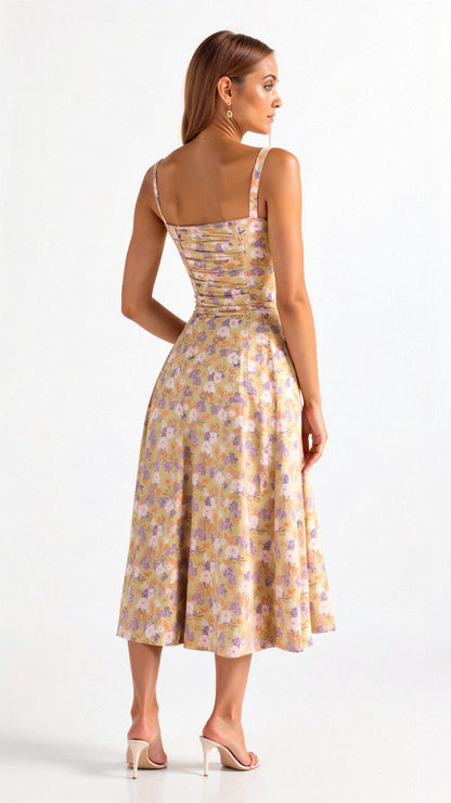 A woman wearing a midi dress with a fitted bodice and a flowing skirt, suitable for a wedding. The dress features a corset-style top and 1