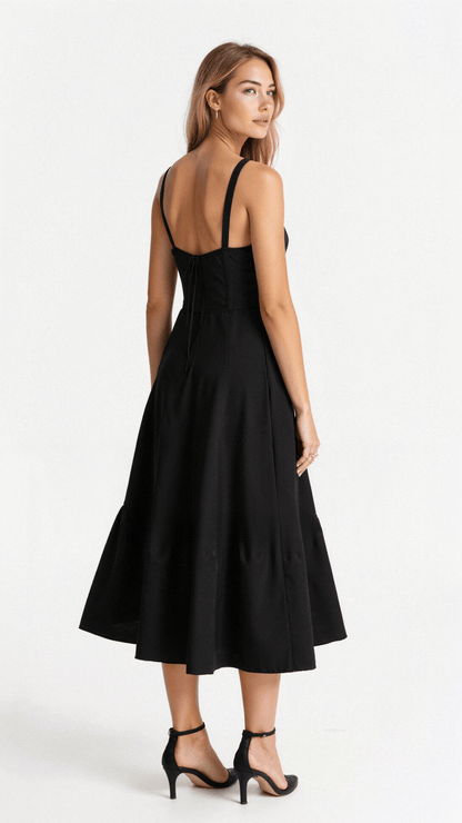 A woman wearing a midi dress with a fitted bodice and a flowing skirt, suitable for a wedding. The dress features a corset-style top and 3