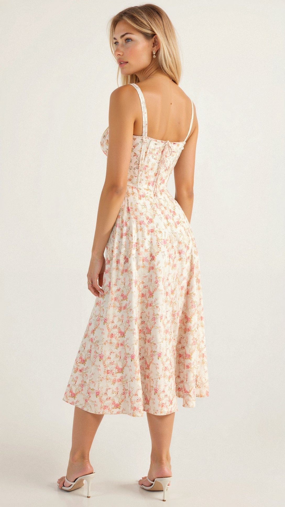 A woman wearing a midi dress with a fitted bodice and a flowing skirt, suitable for a wedding. The dress features a corset-style top and 5