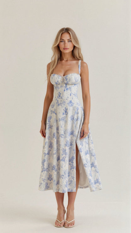 A woman wearing a midi dress with a fitted bodice and a flowing skirt, suitable for a wedding. The dress features a corset-style top and 6