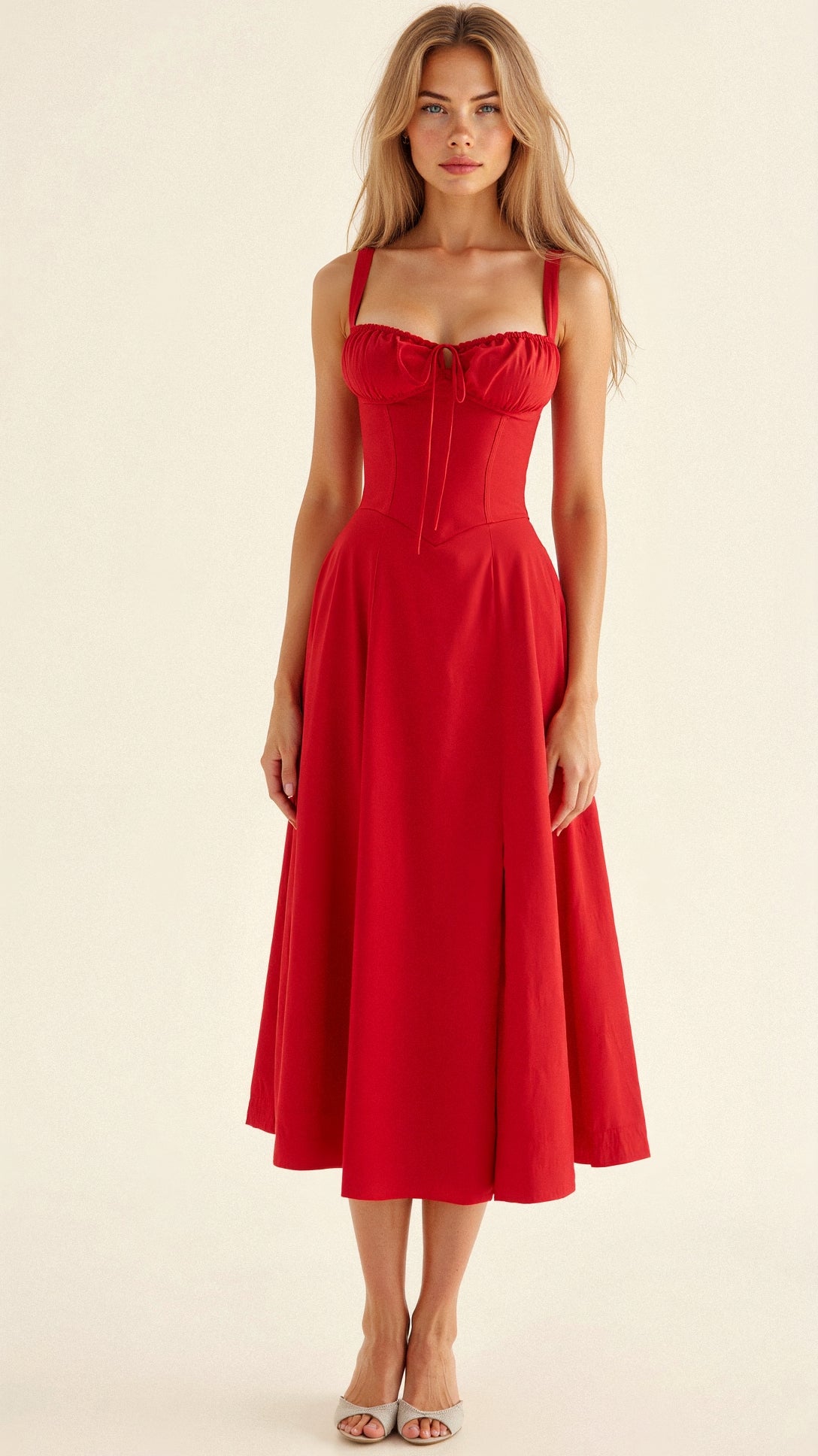 A woman wearing a midi dress with a fitted bodice and a flowing skirt, suitable for a wedding. The dress features a corset-style top and 9