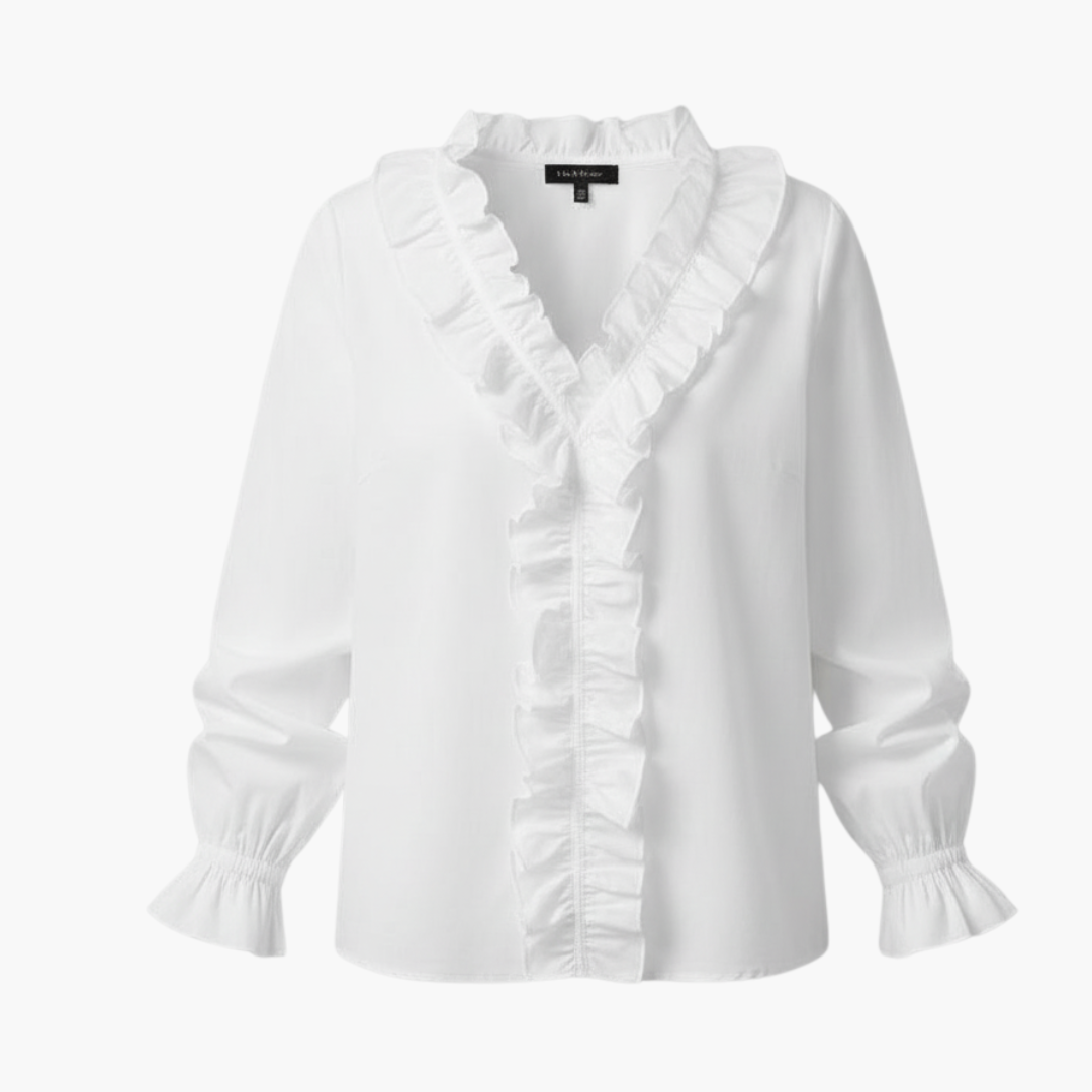 Women's long-sleeve blouse featuring a V-neck design. 1