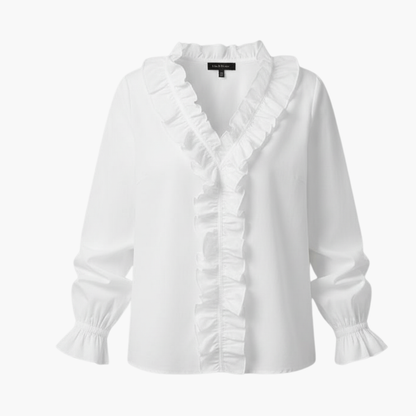 Women's long-sleeve blouse featuring a V-neck design. 1