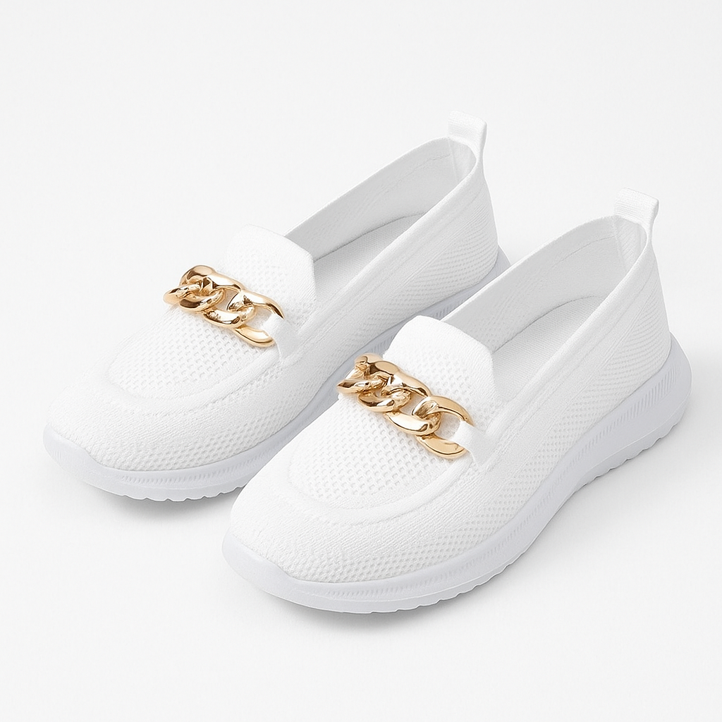 Women's knit shoes featuring a gold chain detail and a white sole. 3