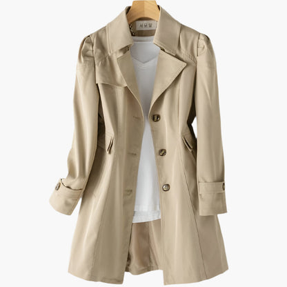 Long black women's trench coat featuring a classic design with buttons, suitable for spring and winter wear. 2
