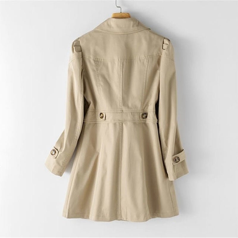 Long black women's trench coat featuring a classic design with buttons, suitable for spring and winter wear. 4