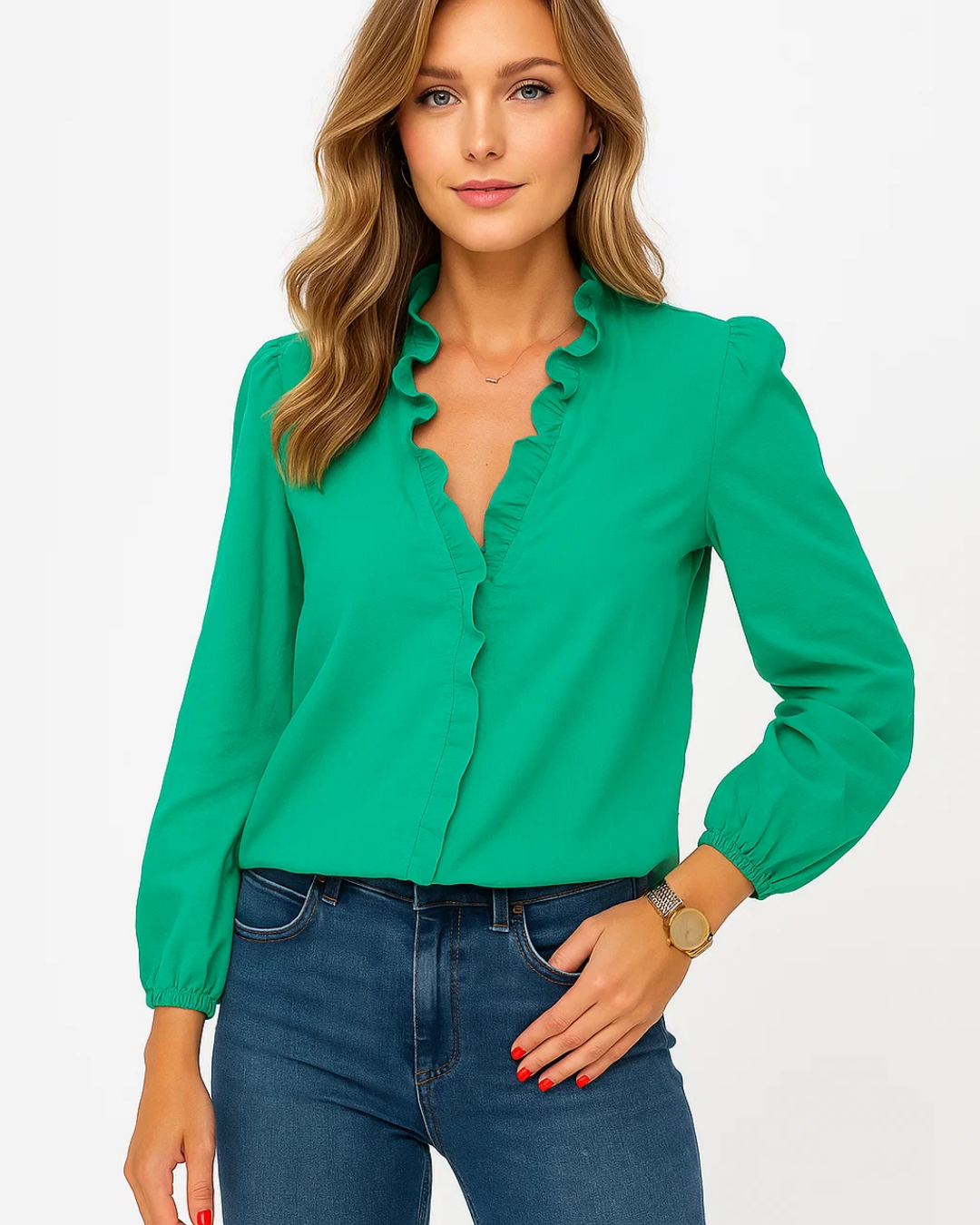 Women's long-sleeve blouse featuring ruffles and a V-shaped neckline. 2