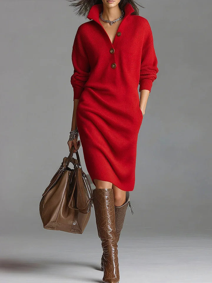 A midi dress featuring a ribbed texture and button closure, designed for women. 1