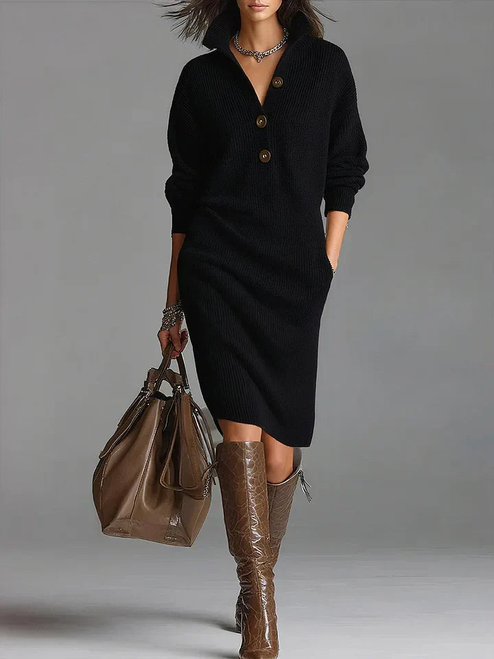 A midi dress featuring a ribbed texture and button closure, designed for women. 3