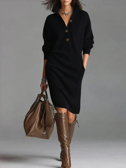 A midi dress featuring a ribbed texture and button closure, designed for women. 3