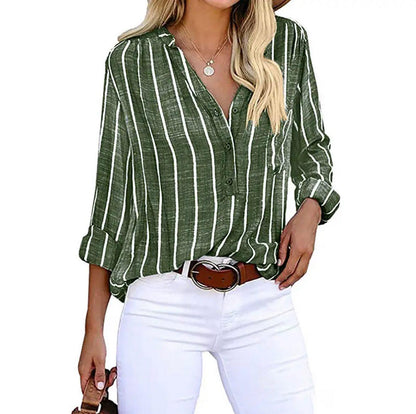 A loose-fitting women's summer blouse featuring a striped pattern. The blouse has short sleeves and a relaxed silhouette, suitable for casual wear. 3
