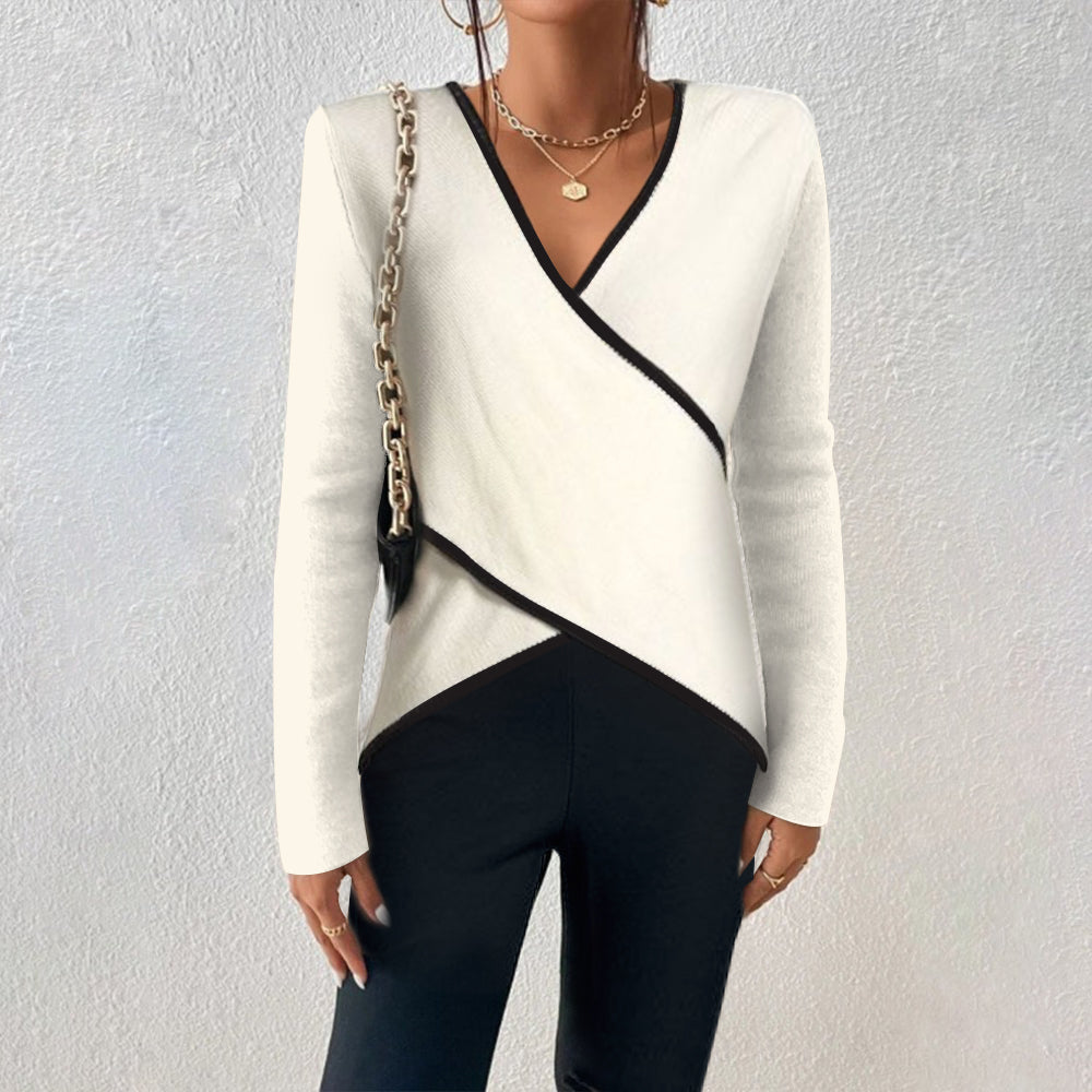 Women's long-sleeve blouse tied at the front, featuring a fitted design and a classic collar. 0