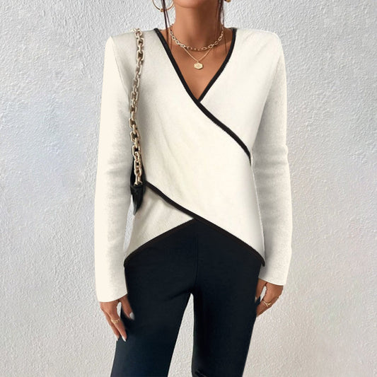 Women's long-sleeve blouse tied at the front, featuring a fitted design and a classic collar. 0