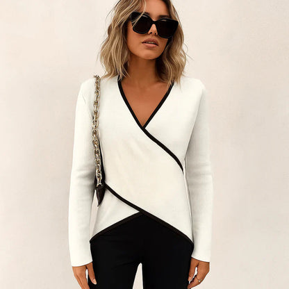 Women's long-sleeve blouse tied at the front, featuring a fitted design and a classic collar. 3