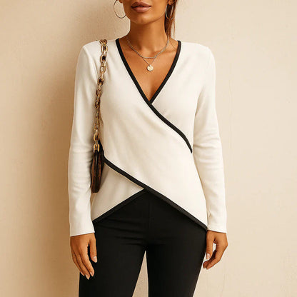 Women's long-sleeve blouse tied at the front, featuring a fitted design and a classic collar. 4
