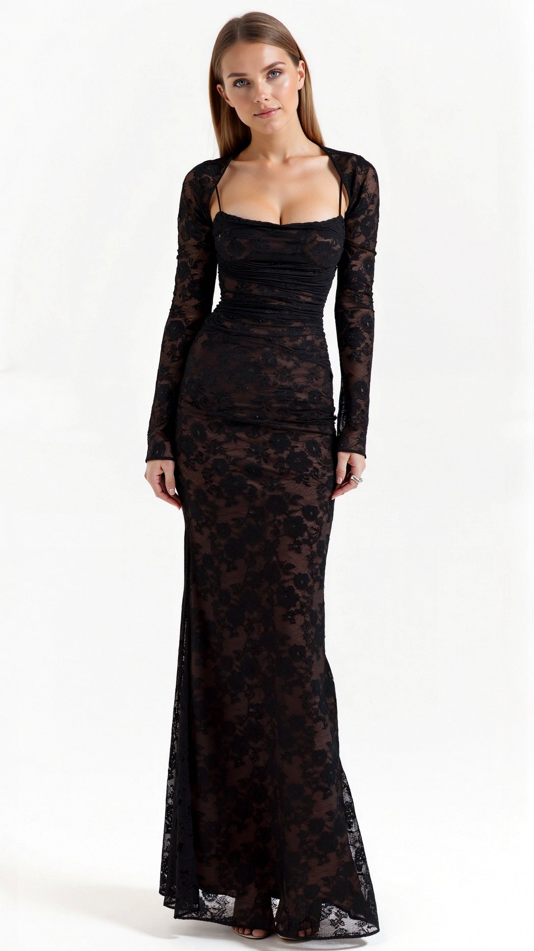 A long, floral-patterned dress with a corset-style bodice, designed for formal events such as weddings. The dress features lace details and a 3