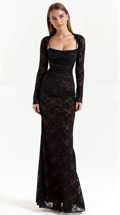 A long, floral-patterned dress with a corset-style bodice, designed for formal events such as weddings. The dress features lace details and a 3