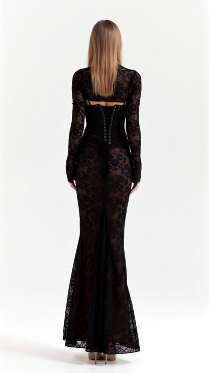 A long, floral-patterned dress with a corset-style bodice, designed for formal events such as weddings. The dress features lace details and a 4
