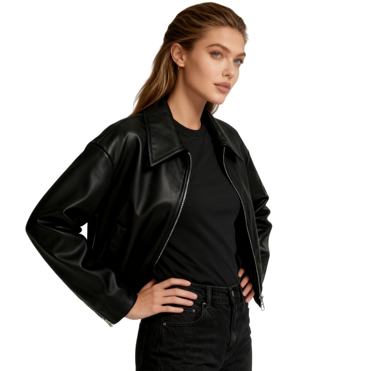 Short oversized bomber jacket for women made of faux leather, featuring a zippered front and ribbed cuffs. The jacket has a relaxed fit and a stylish 1