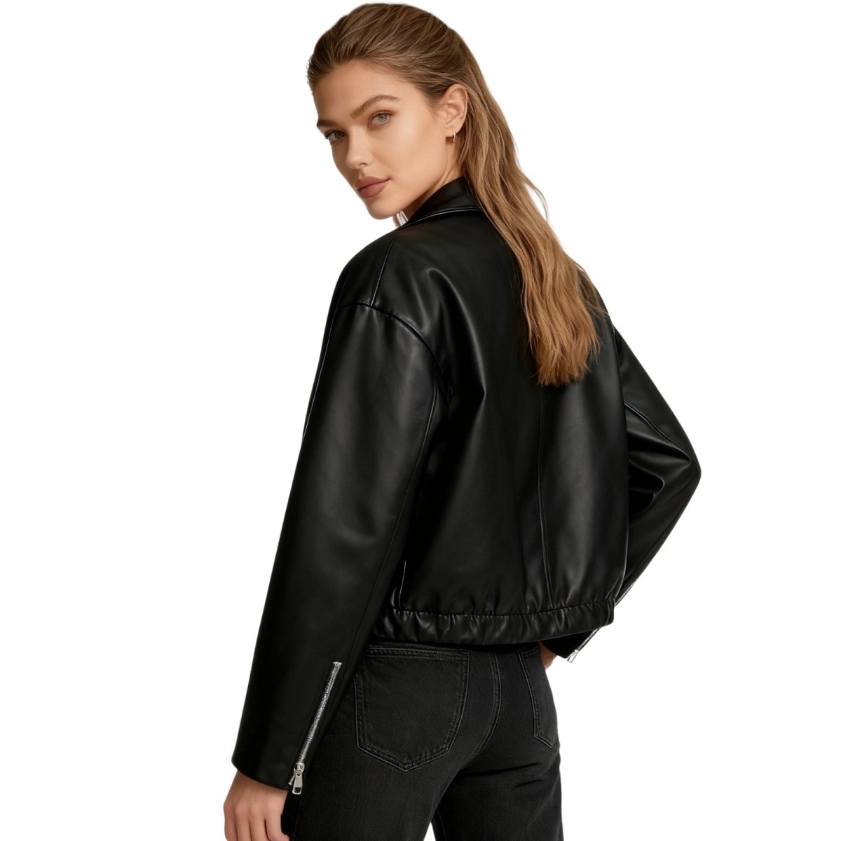 Short oversized bomber jacket for women made of faux leather, featuring a zippered front and ribbed cuffs. The jacket has a relaxed fit and a stylish 2