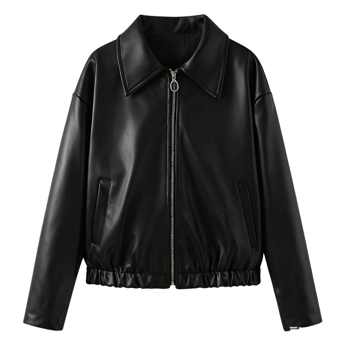 Short oversized bomber jacket for women made of faux leather, featuring a zippered front and ribbed cuffs. The jacket has a relaxed fit and a stylish 3