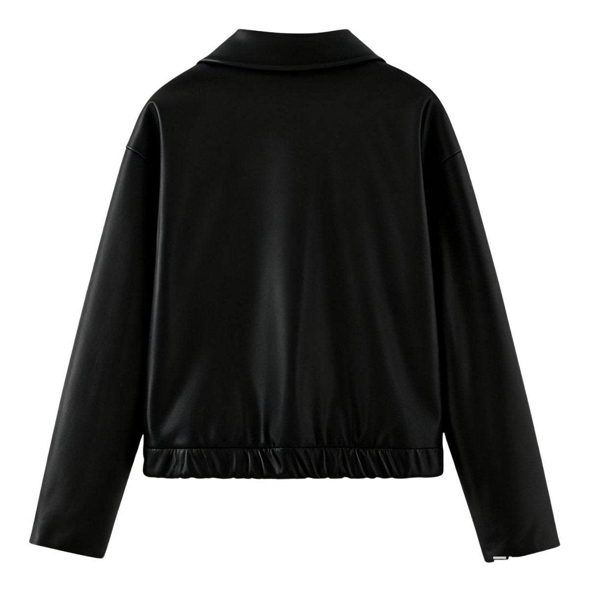 Short oversized bomber jacket for women made of faux leather, featuring a zippered front and ribbed cuffs. The jacket has a relaxed fit and a stylish 4