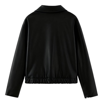 Short oversized bomber jacket for women made of faux leather, featuring a zippered front and ribbed cuffs. The jacket has a relaxed fit and a stylish 4