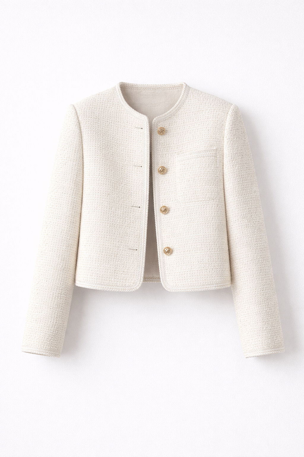 Short women's tweed blazer featuring a round neckline and metal buttons. 1