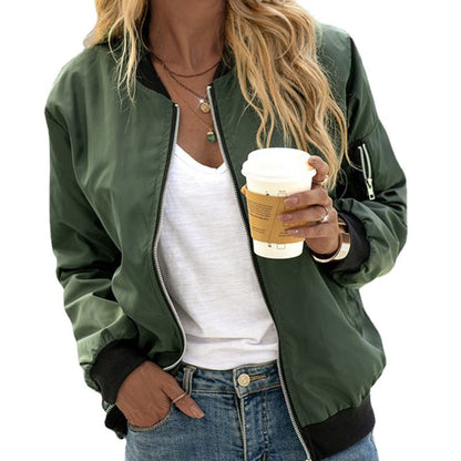 Women’s bomber jacket with a zipper and elastic cuffs, featuring a fitted silhouette and a casual design. 2