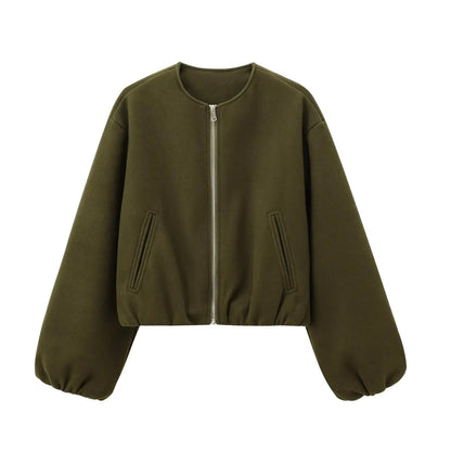 Women's bomber jacket with a round neckline and a loose fit. 1