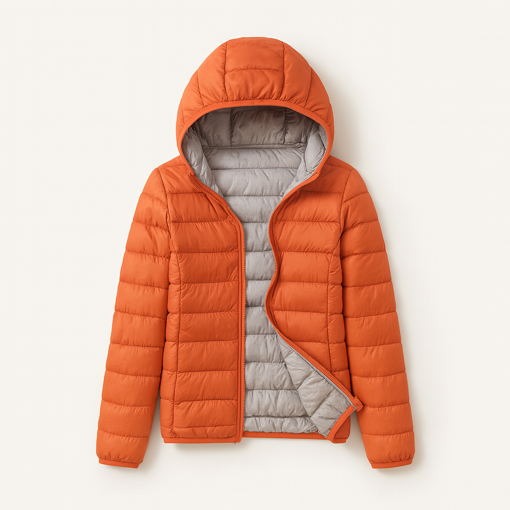 Women's puffer jacket with a hood, designed for cold weather, featuring a zip closure and side pockets. 0